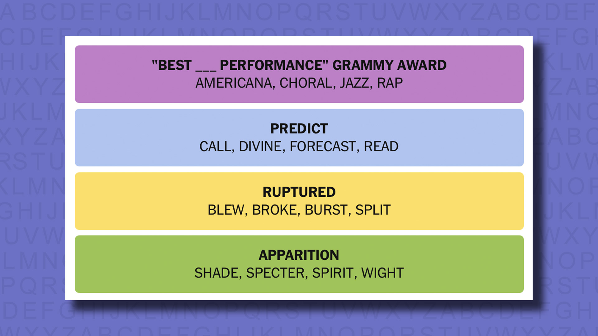 NYT Connections answers for game 818 on a purple background