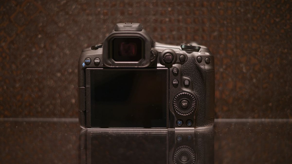 Canon EOS R5 Mark II against a dark background
