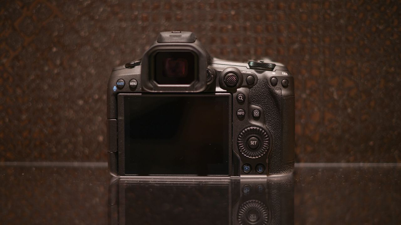 Canon EOS R5 Mark II against a dark background