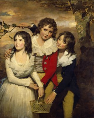 Painting of three children holding a basket