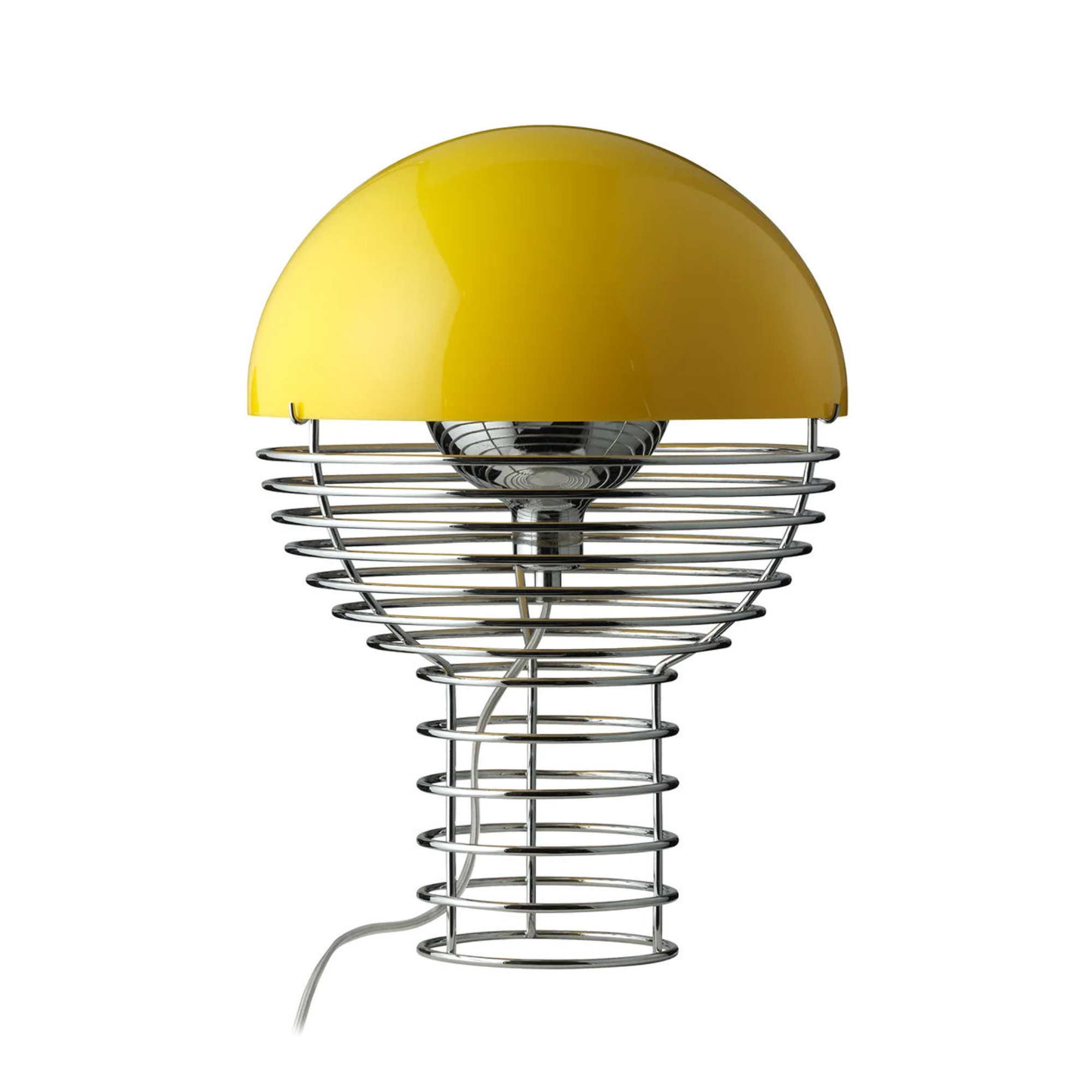 a yellow dome lamp with a steel wire spiral base