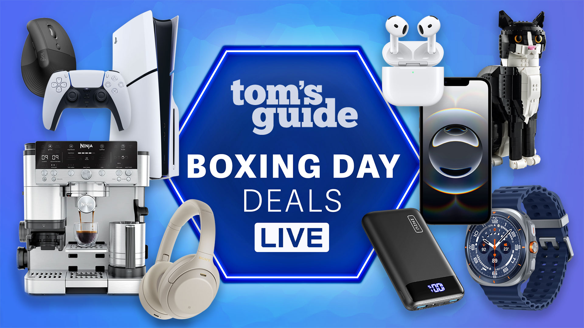 Tom's Guide Boxing Day Deals LIVE logo surrounded by various products
