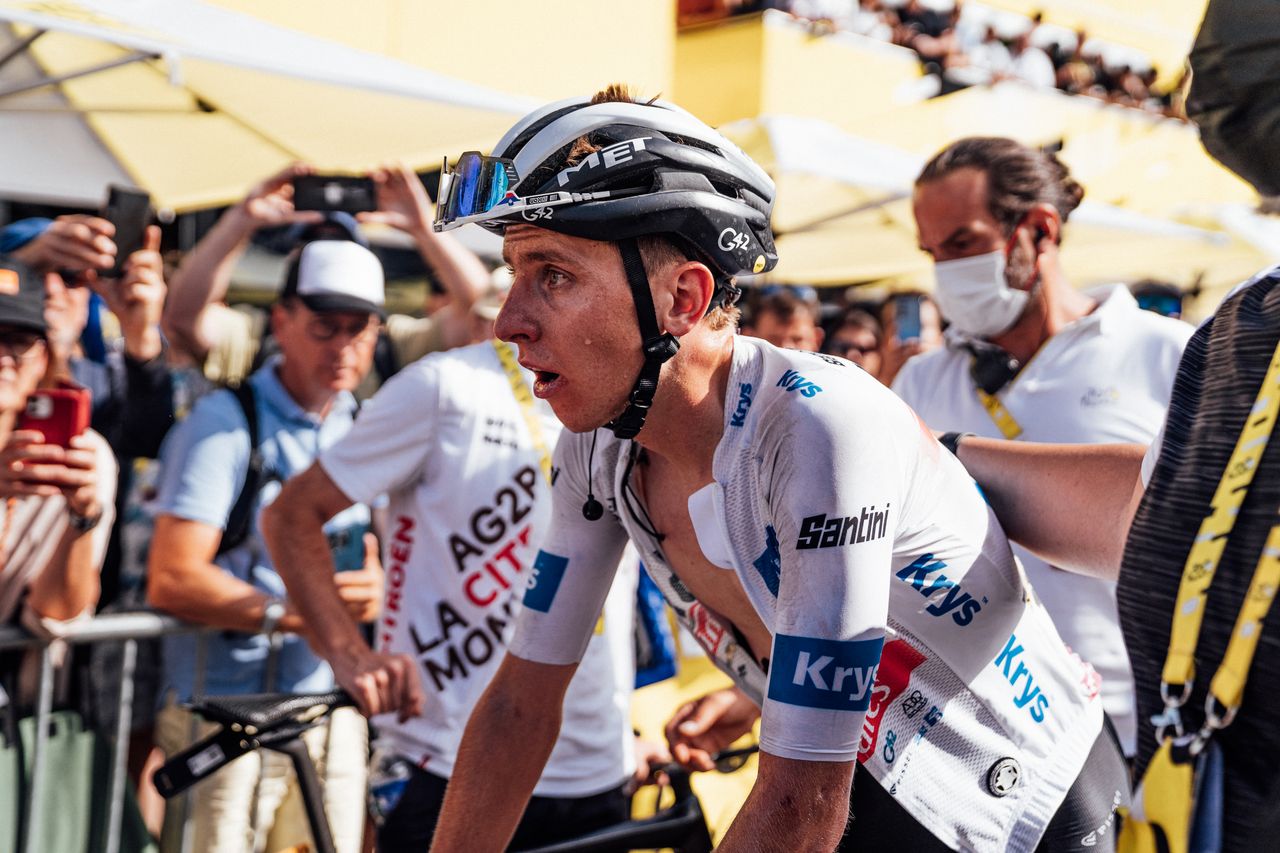 Tadej Pogacar at the finish of stage 17 of the 2023 Tour de France