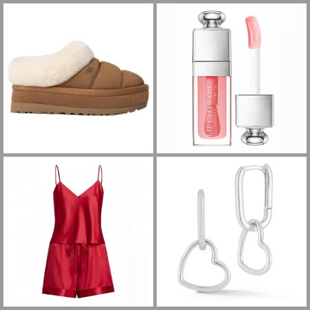 product collage of Sterlina Silver Heart Link Charm Earrings, Natori Glamour Satin Pajamas, DIOR Lip Glow Oil, Ugg Women's Tazzlita Slippers on white background with grey border 