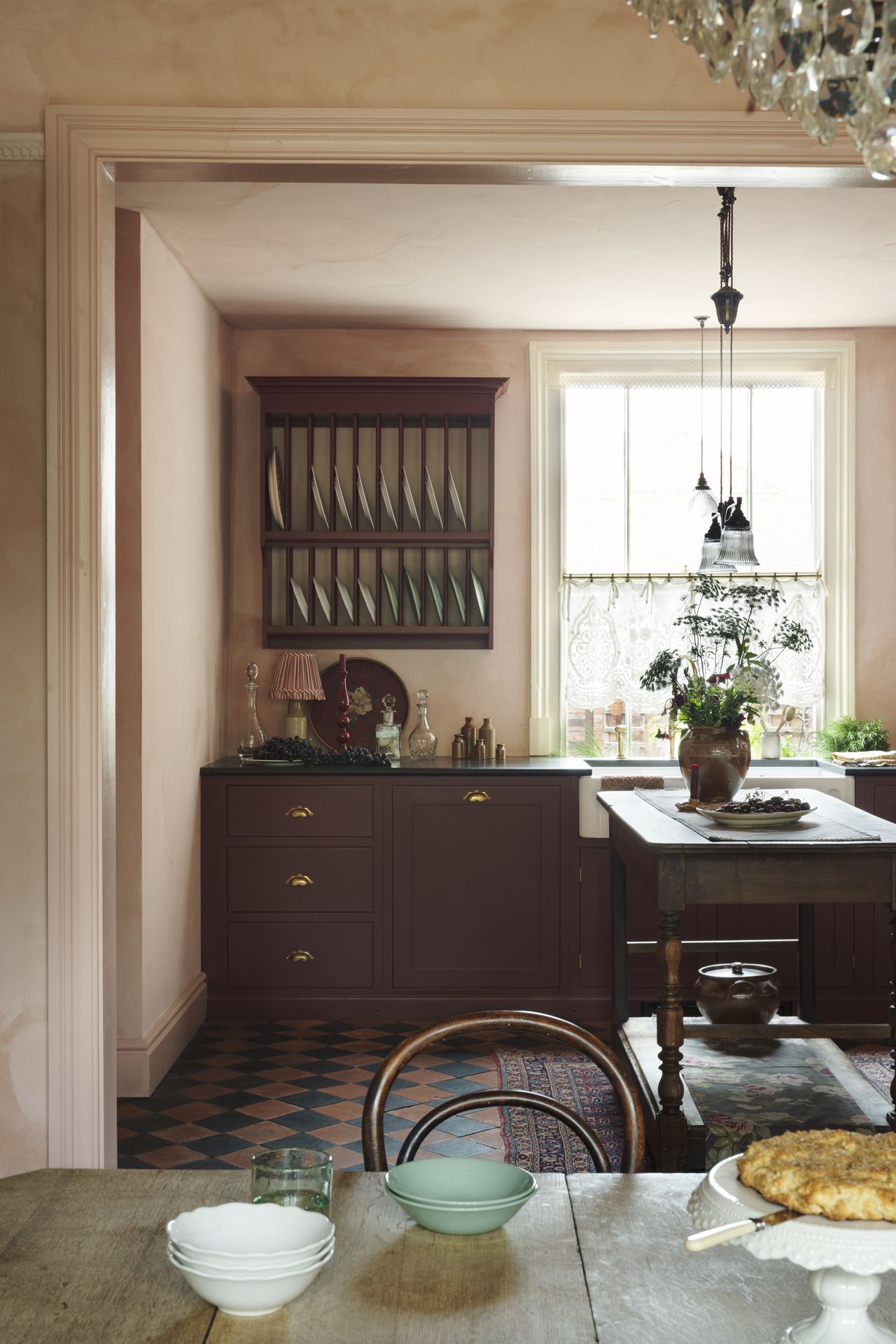 Burgundy-colour Shaker-style kitchen