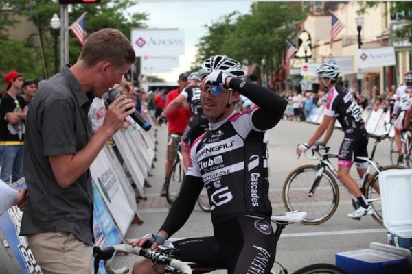 Brett Tivers takes an interview after the race.