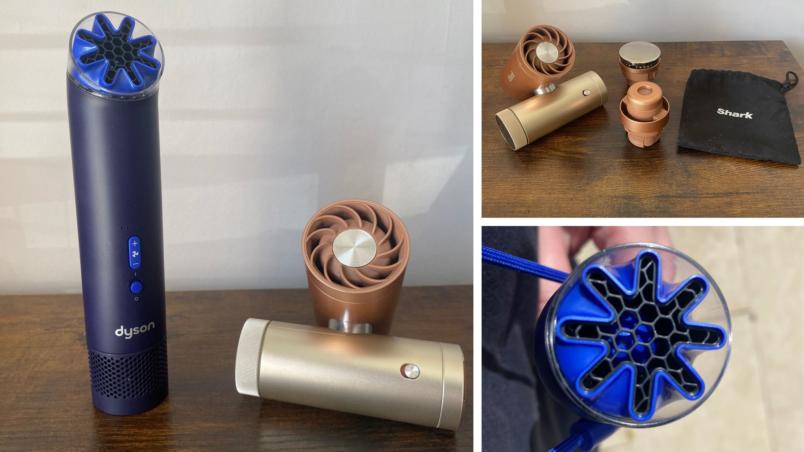 Spliced image showing the Dyson HushJet Mini Cool Fan and the Shark ChillPill side by side, as well as the ChillPill on a wooden surface and the fan head of the Dyson