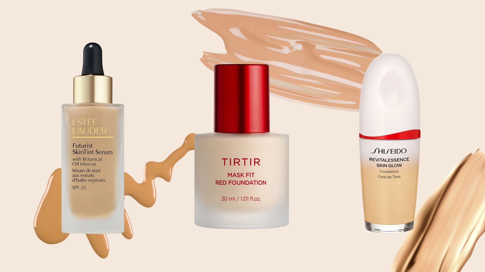 Estee Lauder, TirTir and Shiseido foundations on a brown background with foundation swatches