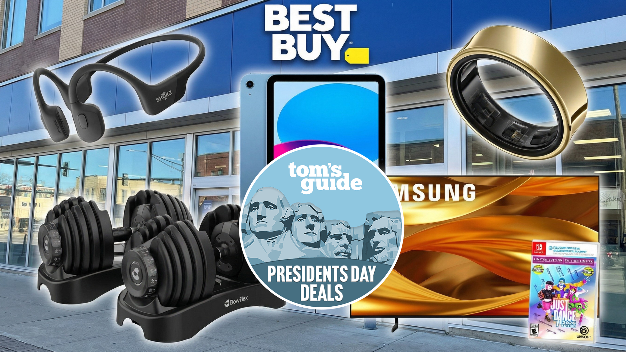 Collage of items on sale for Presidents Day at Best Buy