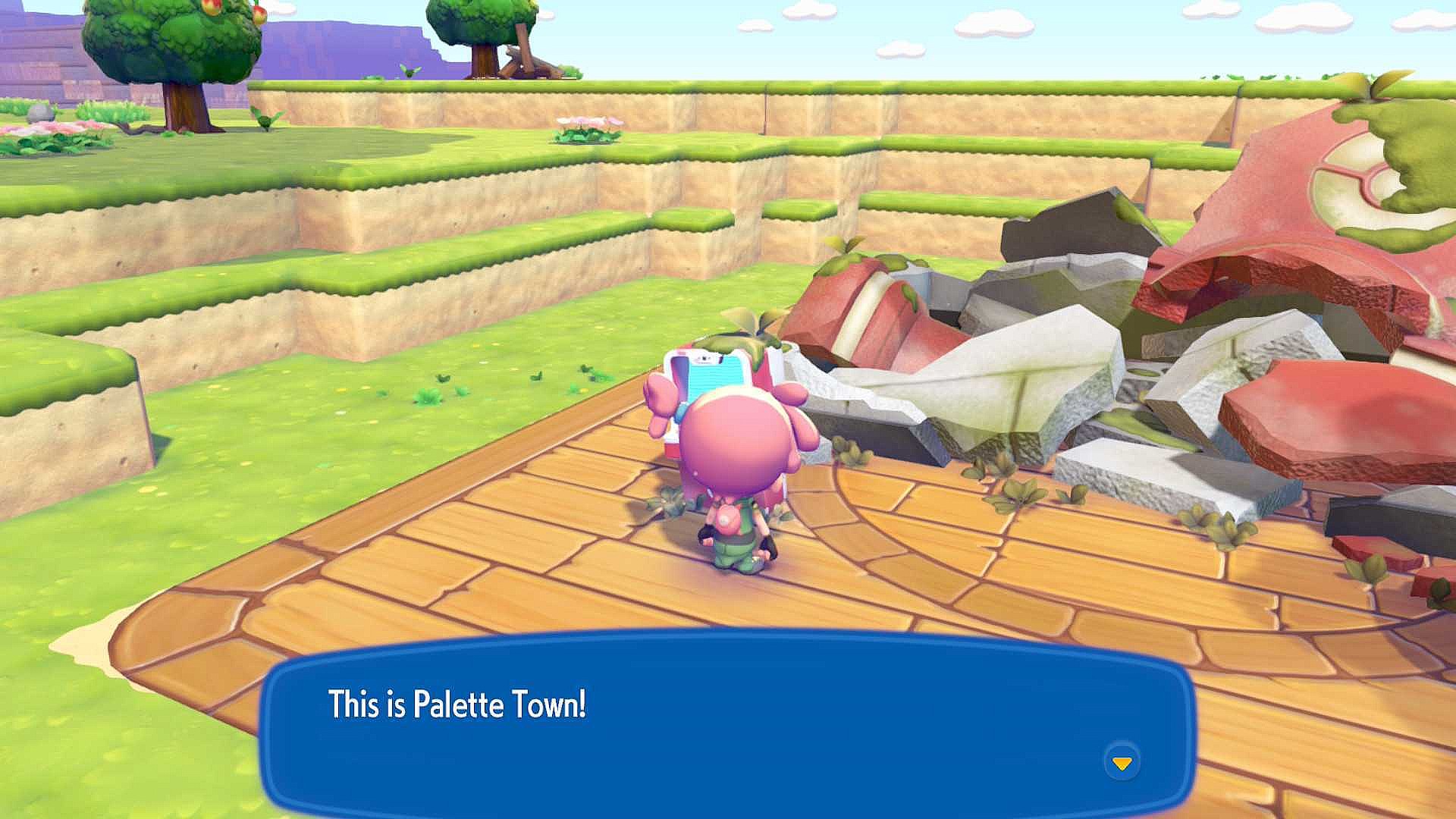 The player character arrives in Palette Town, one of the areas in Pokemon Pokopia
