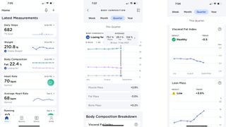 Screenshots showing the Withings app: Left: the Home screen showing the author's steps, weight, body composition, heart rate, recent workout, and other data. Center: the Body Composition graph showing the author's changing muscle, fat, and bone percentages over the last quarter; Right: Graphs of the author's changing Visceral Fat Index and Lean Mass data.