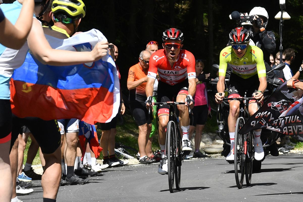 Tour of Slovenia 2022 28th Edition 4th stage Lasko Velika Planina 1524 km 17062022 Rafal Majka POL UAE Team Emirates Tadej Pogacar SLO UAE Team Emirates photo Tommaso PelagalliSprintCyclingAgency2022