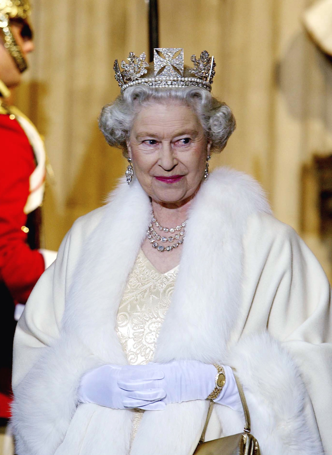 Queen Elizabeth in a crown and fur cape