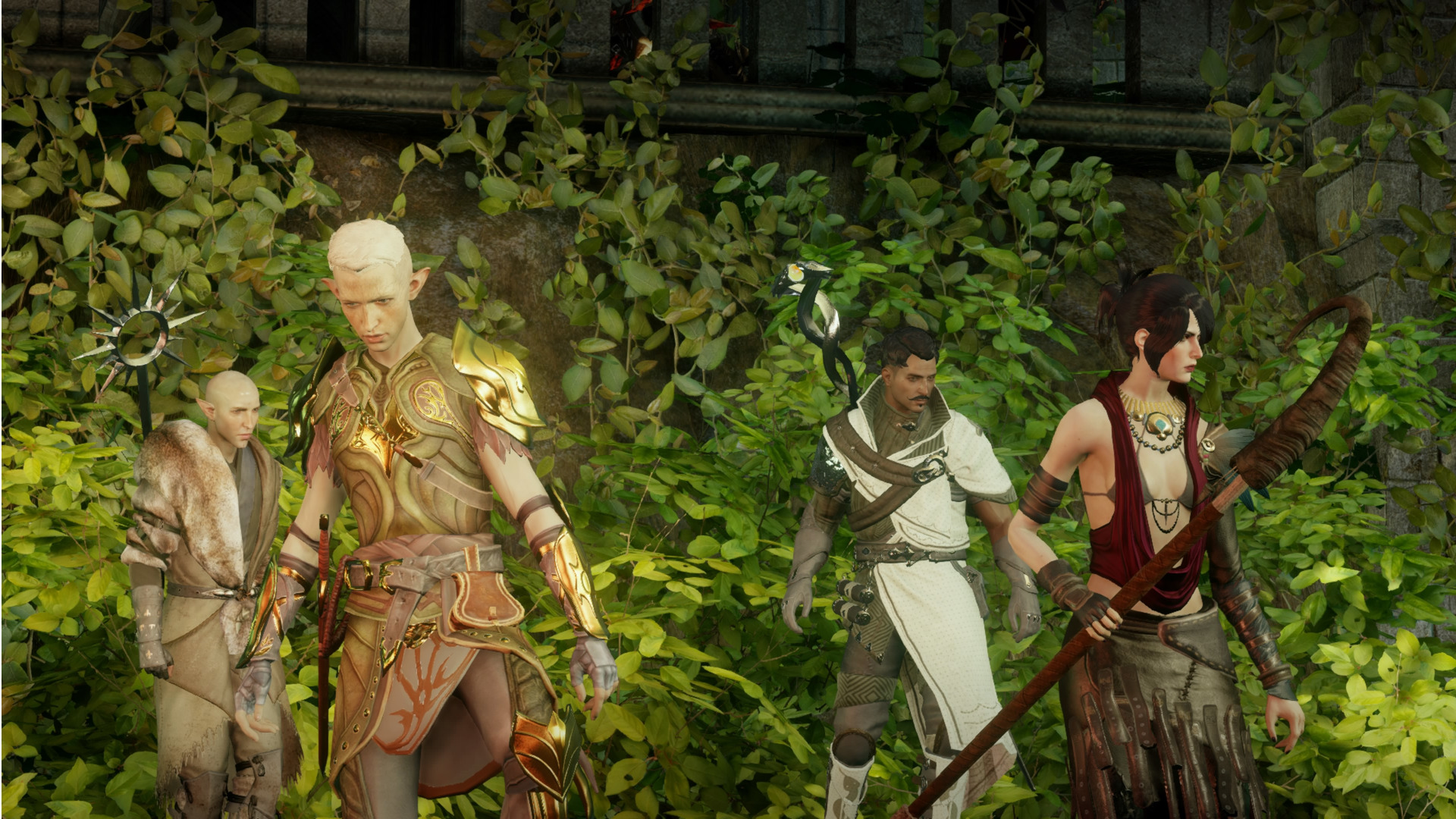 Elven Inquisitor Lavellan stands with Morrigan and companions Dorian, Varric, and Solas in one of the best third-person RPGs, Dragon Age: Inquisition