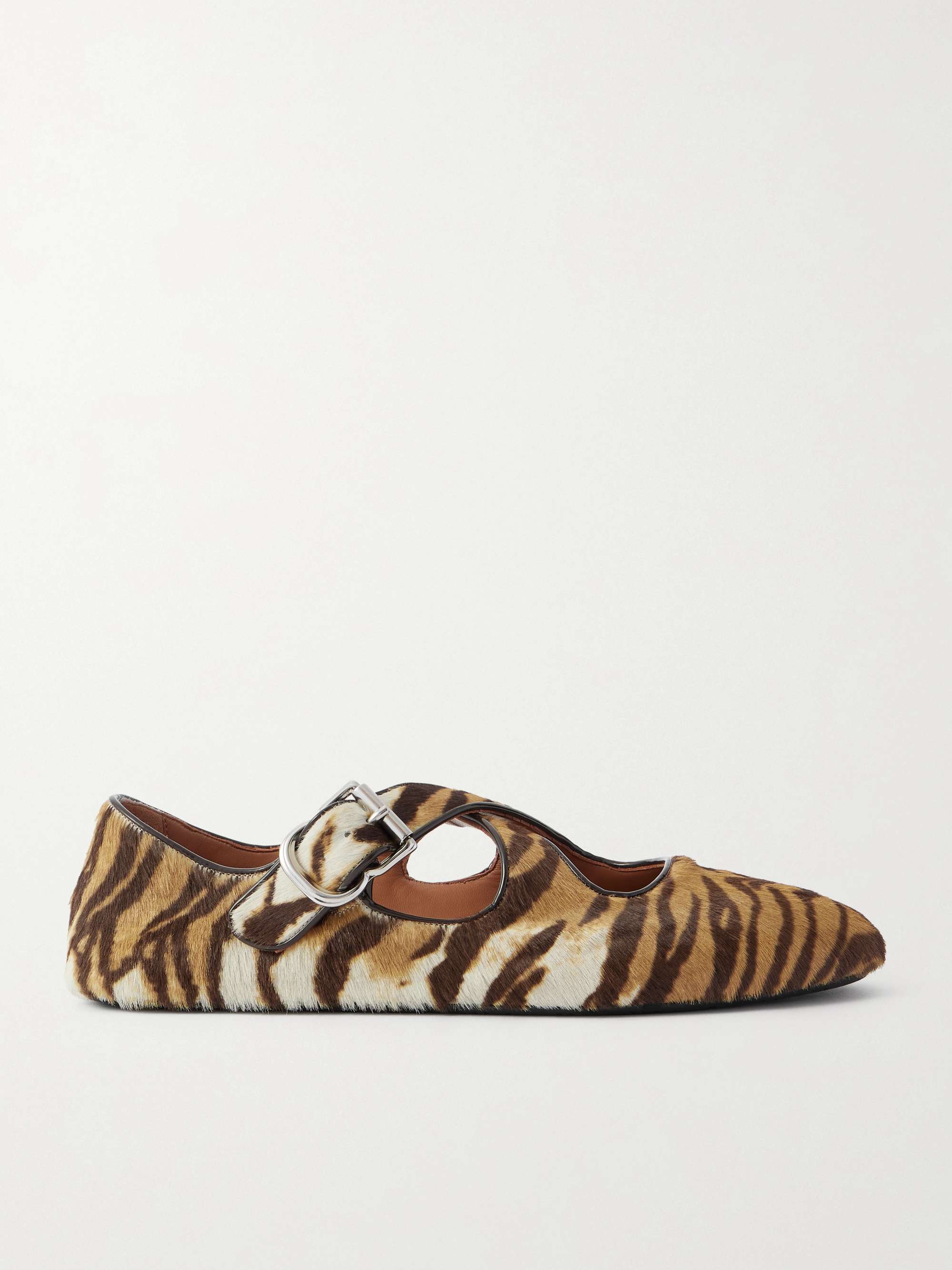 Criss Cross Patent-Leather Trimmed Zebra-Print Calf Hair Ballet Flats