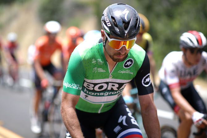 Bora-Hansgrohe's Peter Sagan wore the green points jersey on stage 5 of the 2019 Tour of California, but would lose it by the end of the day