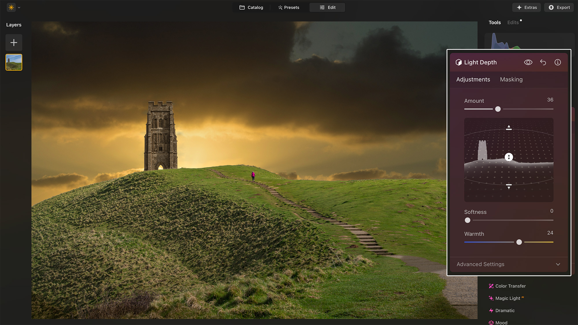 Luminar Neo screenshot showing historic building on hill with sunset sky