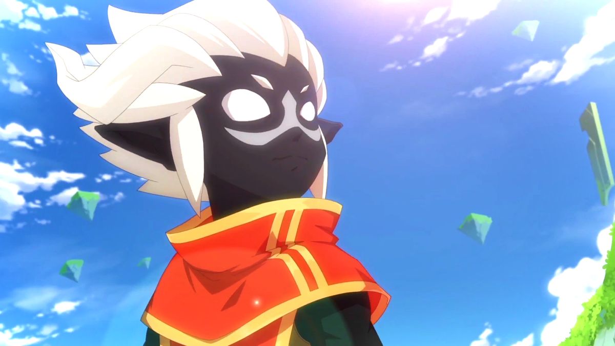 Fallen Tear: The Ascension trailer screenshot showing a small elf-like figure with white hair and a red/gold top staring off, a blue sky behind him