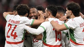 Morocco's Ayoub El Kaabi celebrates scoring against Zambia at AFCON 2025