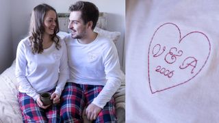 composite image of a man and a woman wearing matching pajamas and a close up of the personalized top