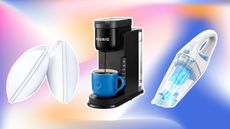 Pillows, coffee maker, handheld vacuum on multi-colored background