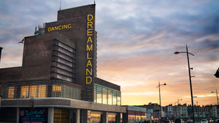 Exterior shot of Dreamland building in Margate at sunset