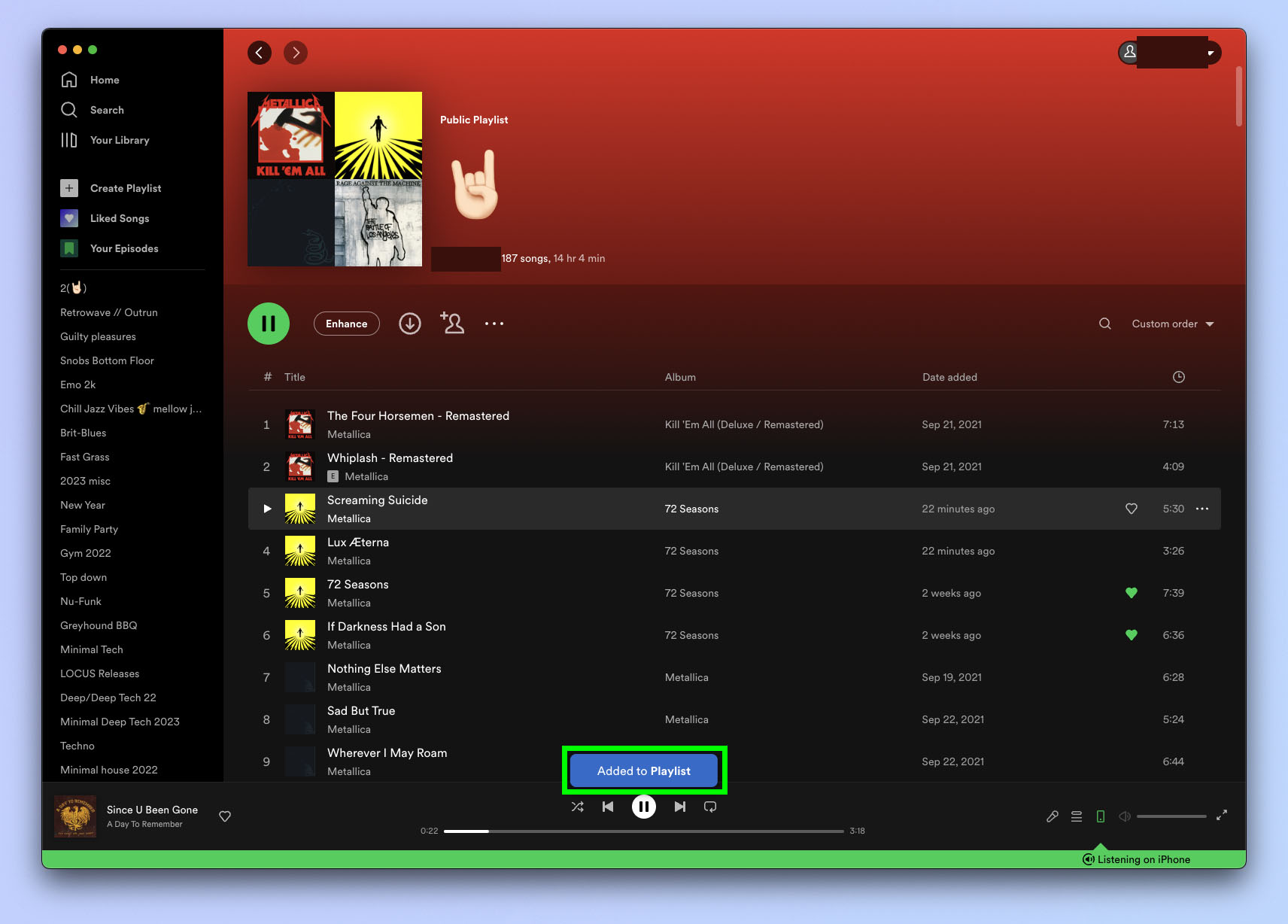 Скриншот, показывающий, как объединить плейлисты в Spotify