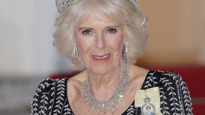 Queen Camilla’s favorite tiara as she attends a State Banquet at Bellevue Palace