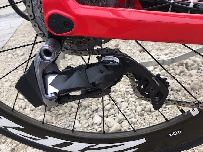 The new SRAM Red eTap 12-speed derailleur working hard on the 28-tooth sprocket