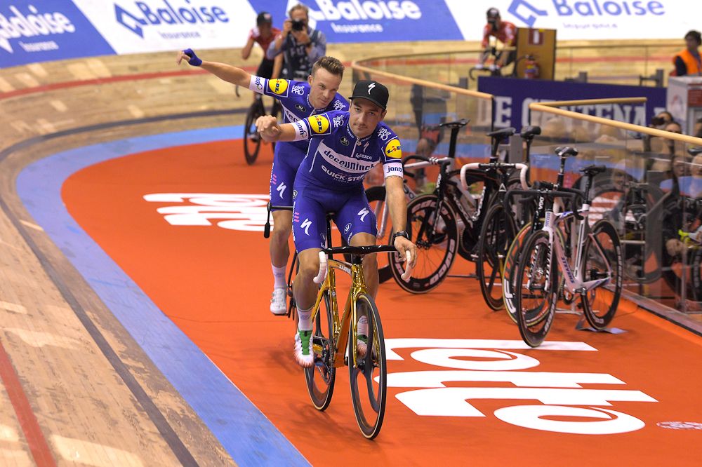 Elia Viviani and Iljo Keisse get ready to race at the Gent Six Day