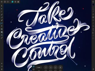 Digital cursive lettering that reads "take creative control"