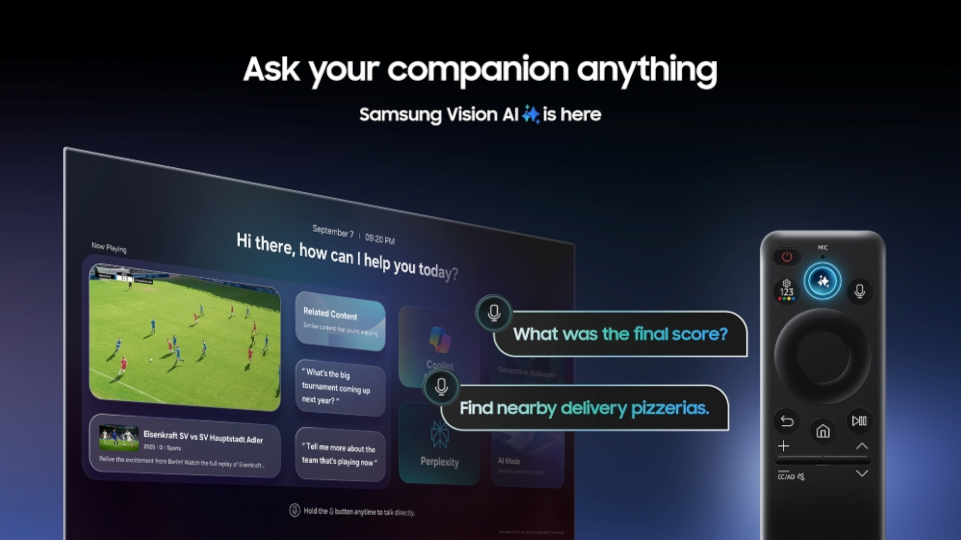 A visual demonstration of various questions that Samsung Vision AI can answer. There is a large TV screen depicting the Vision AI home screen next to a Samsung TV remote, whose Vision AI button glows blue to illustrate its importance within the demonstration