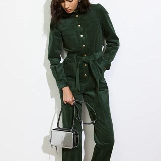 Green Corduroy Long Sleeve Jumpsuit