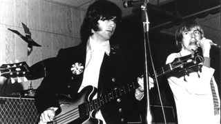 Jimmy Page (left), singer Keith Relf and guitarist Jeff Beck (right) of the rock band "The Yardbirds" perform onstage at Green's Pavilion in Lakeview Park on August 10, 1966 in Manitou Beach, MI. 