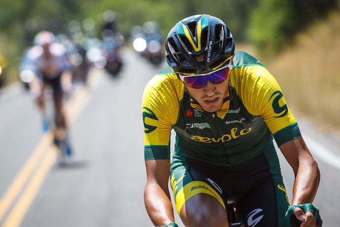Michael Hernandez (Aevolo) attacks near the base of the climb on August 8, 2018 in Cedar City, Utah.