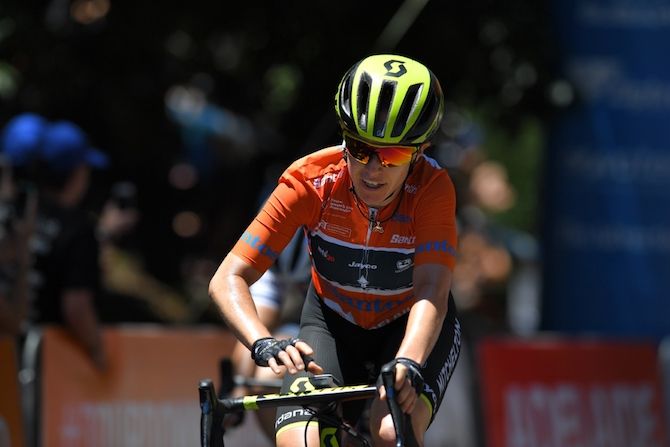 Mitchelton-Scott's Amanda Spratt crosses the finish line of stage 3 having retained her overall lead