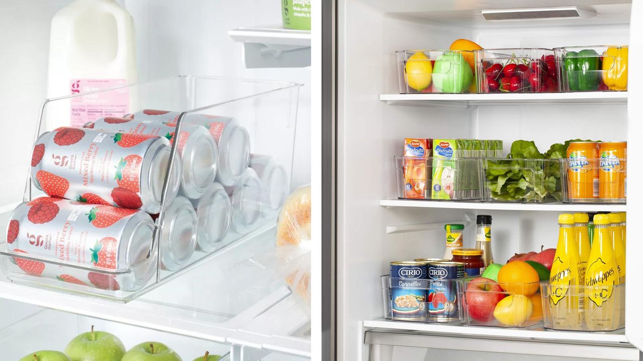 A split image showing a clear plastic drinks caddy in a fridge on the left and a three tiered shelf on the right with foods neatly organized into storage bins