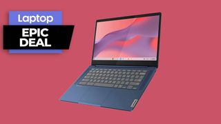 Lenovo IdeaPad Slim 3 Chromebook in blue colorway against a red background