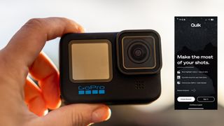 A GoPro Hero 10 Black against a bright sky