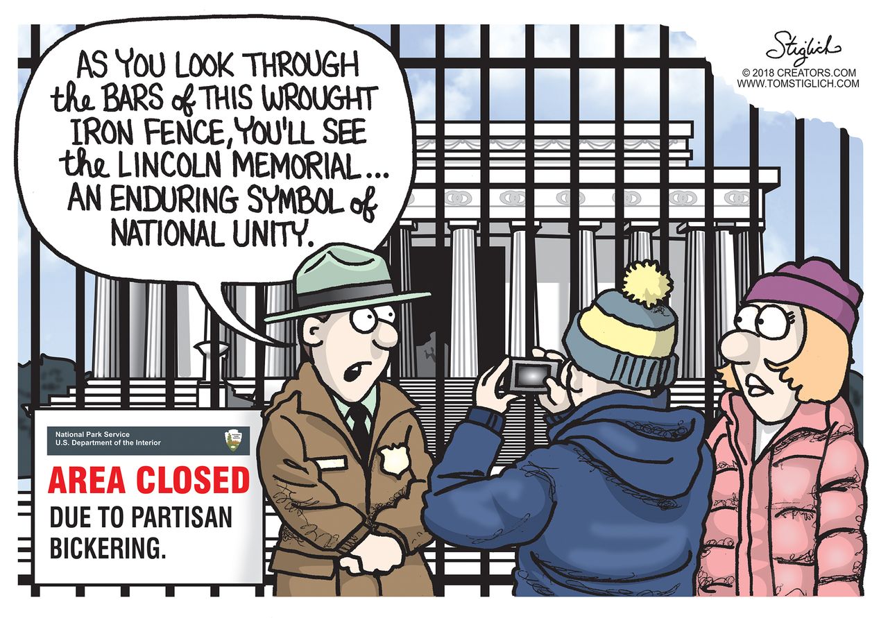 Political cartoon U.S. government shutdown Lincoln Memorial national unity partisan bickering