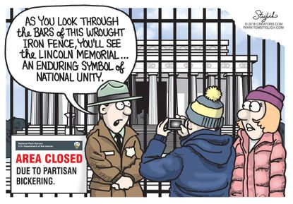 Political cartoon U.S. government shutdown Lincoln Memorial national unity partisan bickering