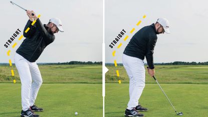 Peter Finsh at the top of his swing and at impact