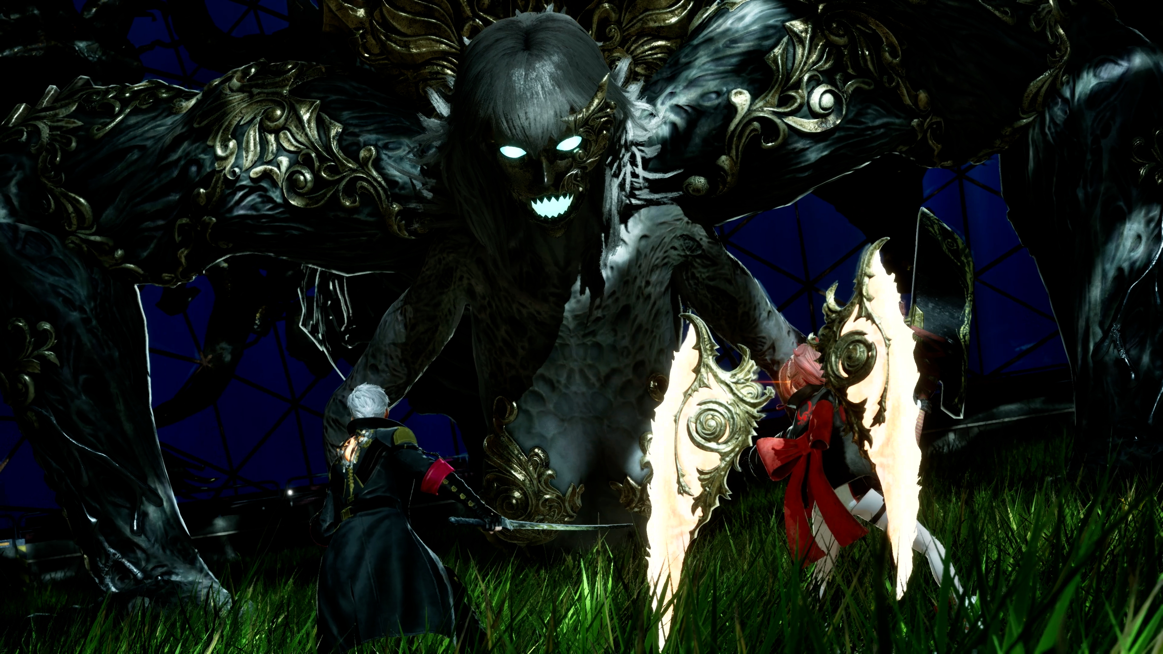 Code Vein 2 screen showing the protagonist and their ally standing against a towering demon