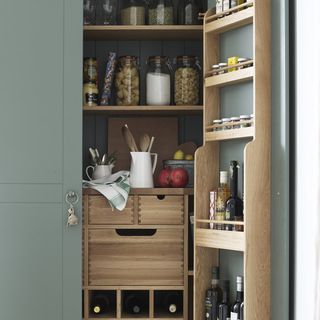 Kitchen pantry with grey door and key chai n