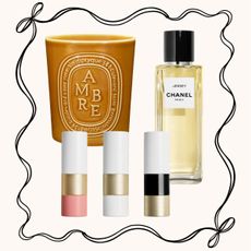 A collage with a candle, perfume and lipsticks with a ribbon illustration around the outside