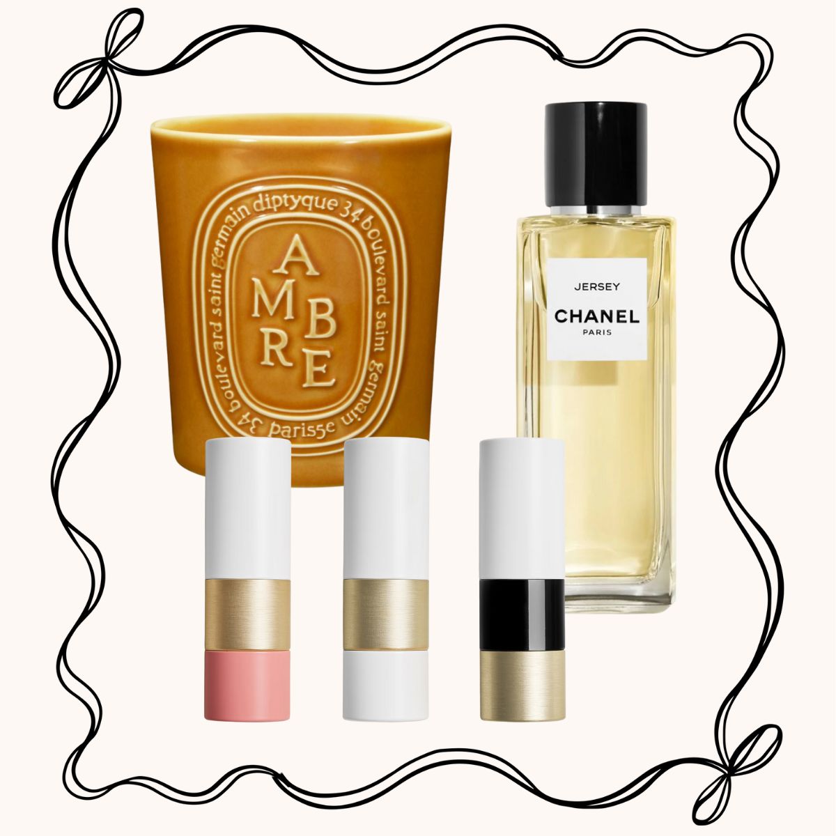 A collage with a candle, perfume and lipsticks with a ribbon illustration around the outside