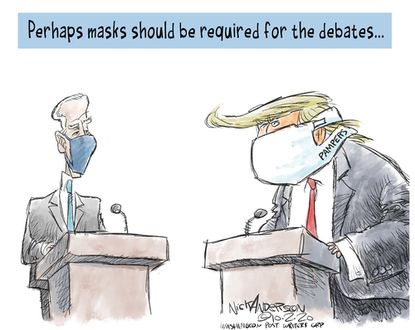 Political Cartoon U.S. Trump Biden debate masks