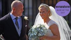 Mike Tindall and Zara Phillips depart after their royal wedding at Canongate Kirk on July 30, 2011, with a W&H quiz of the day roundel over the top