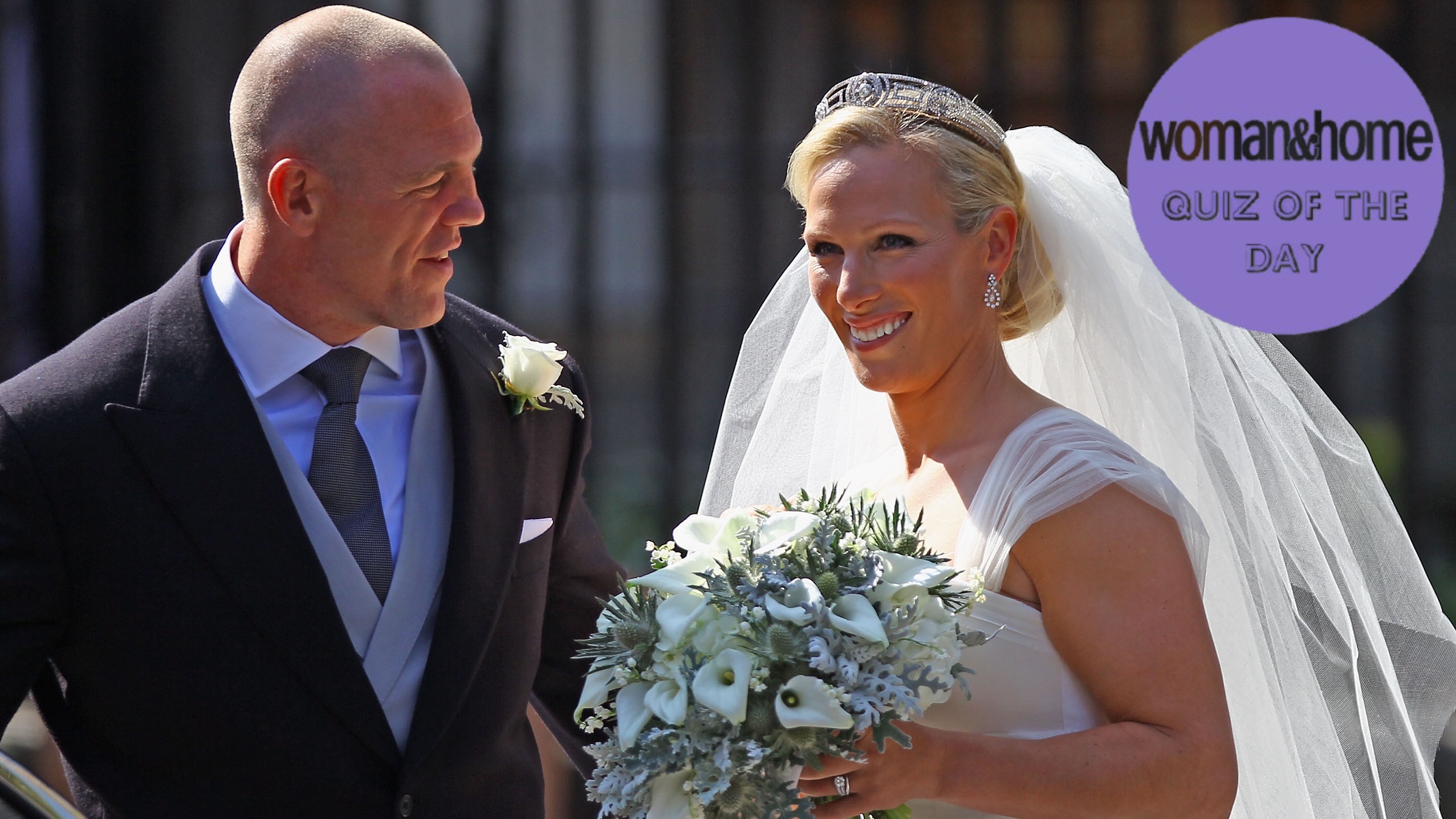 Mike Tindall and Zara Phillips depart after their royal wedding at Canongate Kirk on July 30, 2011, with a W&amp;H quiz of the day roundel over the top