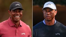 (left) Tiger Woods smiling while wearing a red Sun Day Red polo top and (right) Woods looking serious in a white Sun Day Red cap and black sweater